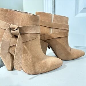 Suede Wrap-Tie Ankle Boots - Tan